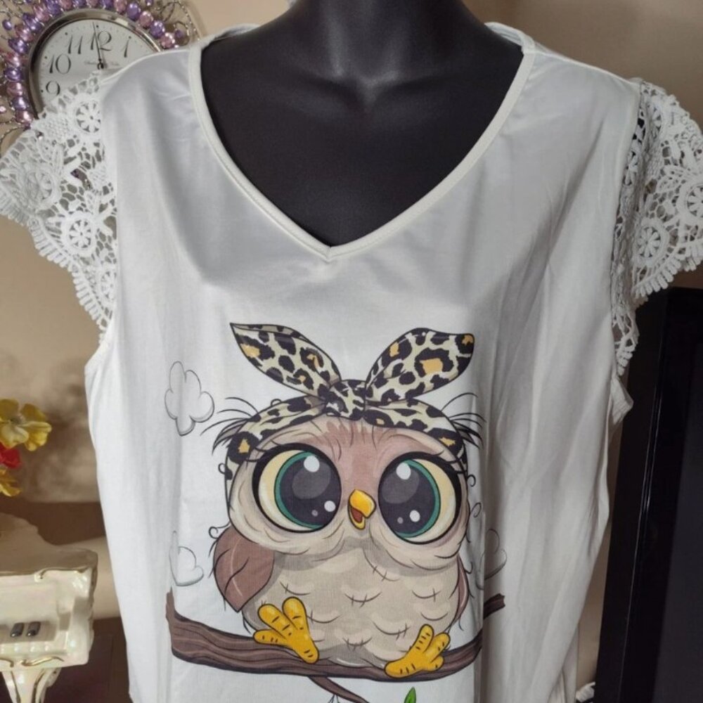Casual V-neck T-shirt Top Owl Print Lace Trim Sleeveless Size XXL